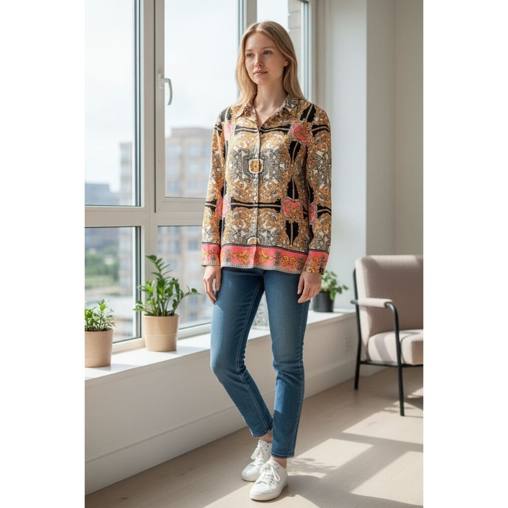 Laundry By Shelli Segal Womens Long Sleeve Baroque Print Blouse Size 6 - Picture 2 of 12